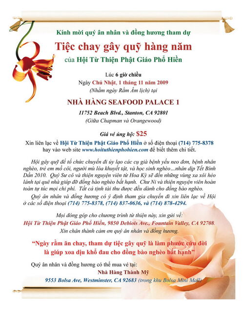 Thông báo về Tiệc Chay Gây Quỹ Hàng Năm của Hội Từ Thiện Phật Giáo Phổ Hiền